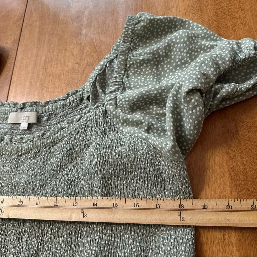 LOFT Smocked Blouse Womens L Olive Polka Dot Cottage Puff Sleeve Square Neck